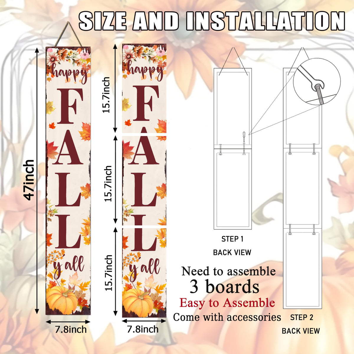 Happy Fall Y'all Porch Sign Retro Maple Leaf Pumpkin Design Front Door Hanging Decorations Indoor Outdoor Large