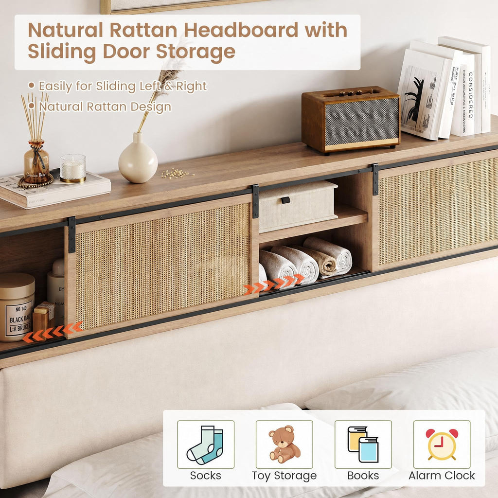 Full Bed Frame, Wood Platform Bed with Storage Headboard