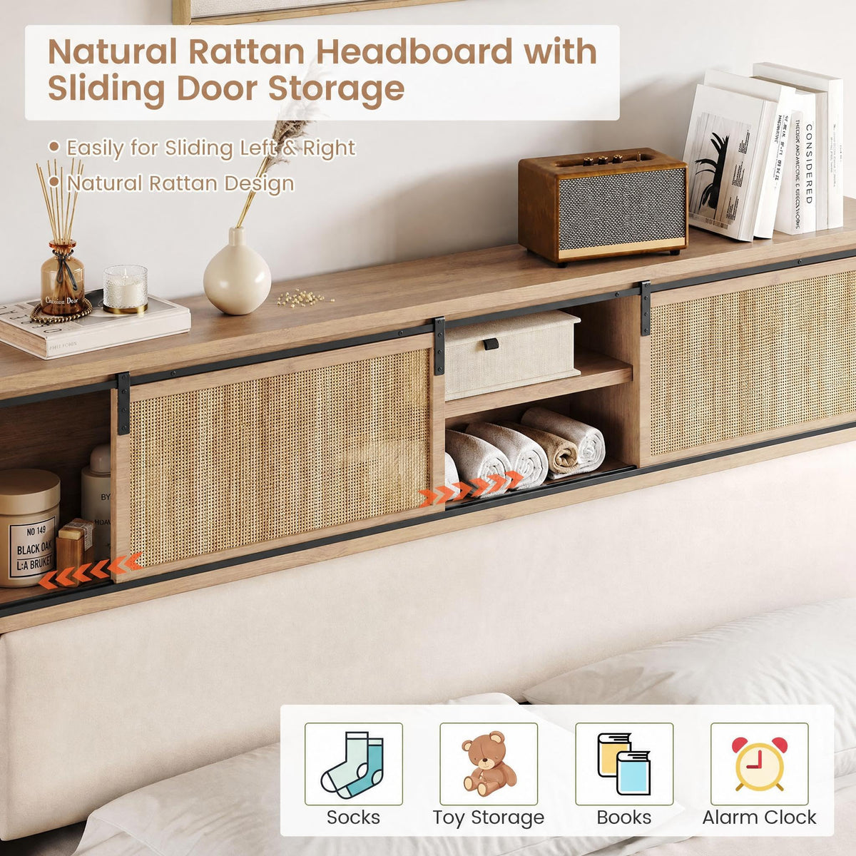 Full Bed Frame, Wood Platform Bed with Storage Headboard