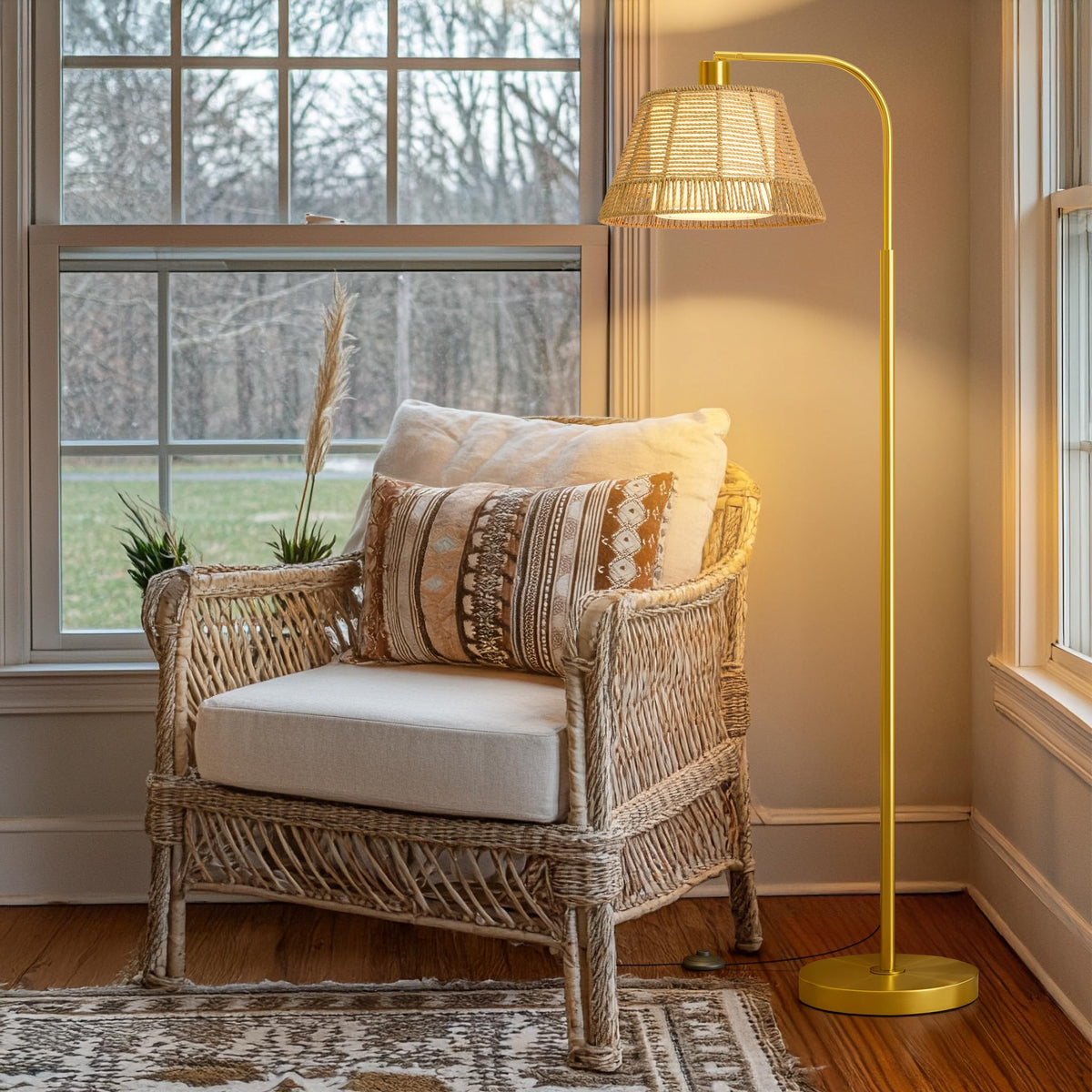 Arc Floor Lamp with 3 Color Temperatures, Farmhouse Floor Lamps with Remote & Dimmable Bulb, Rattan Boho Floor Lamp