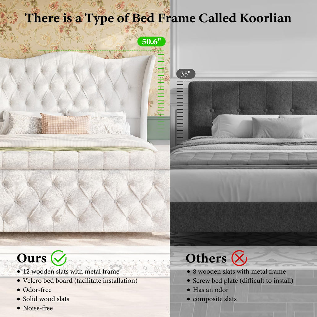 Bed Frame Upholstered Wingback Headboard Sleigh Footboard