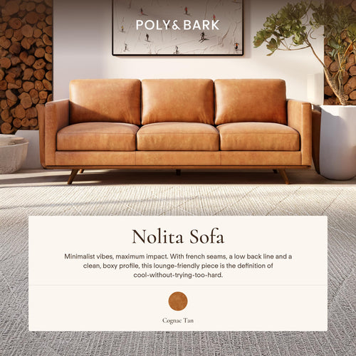 & BARK Nolita 85" Leather Sofa - Full-Grain Italian Aniline Leather, Feather-Down Comfort, Solid Wood Base - Cognac