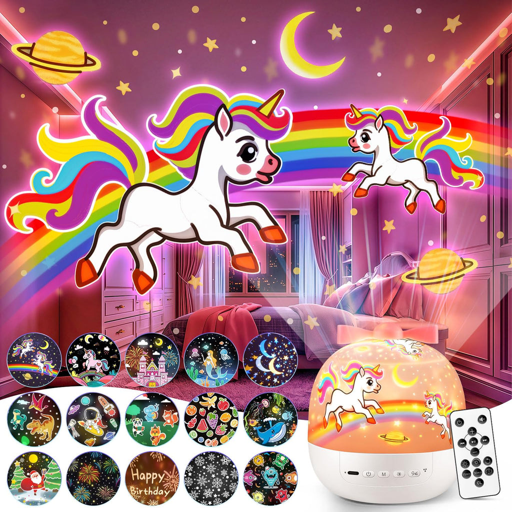 Unicorn Toys for Girls Gifts, 15 Films+15 Lullaby Sound Machine for Kids Night Light Projector, Remote+Rechargeable