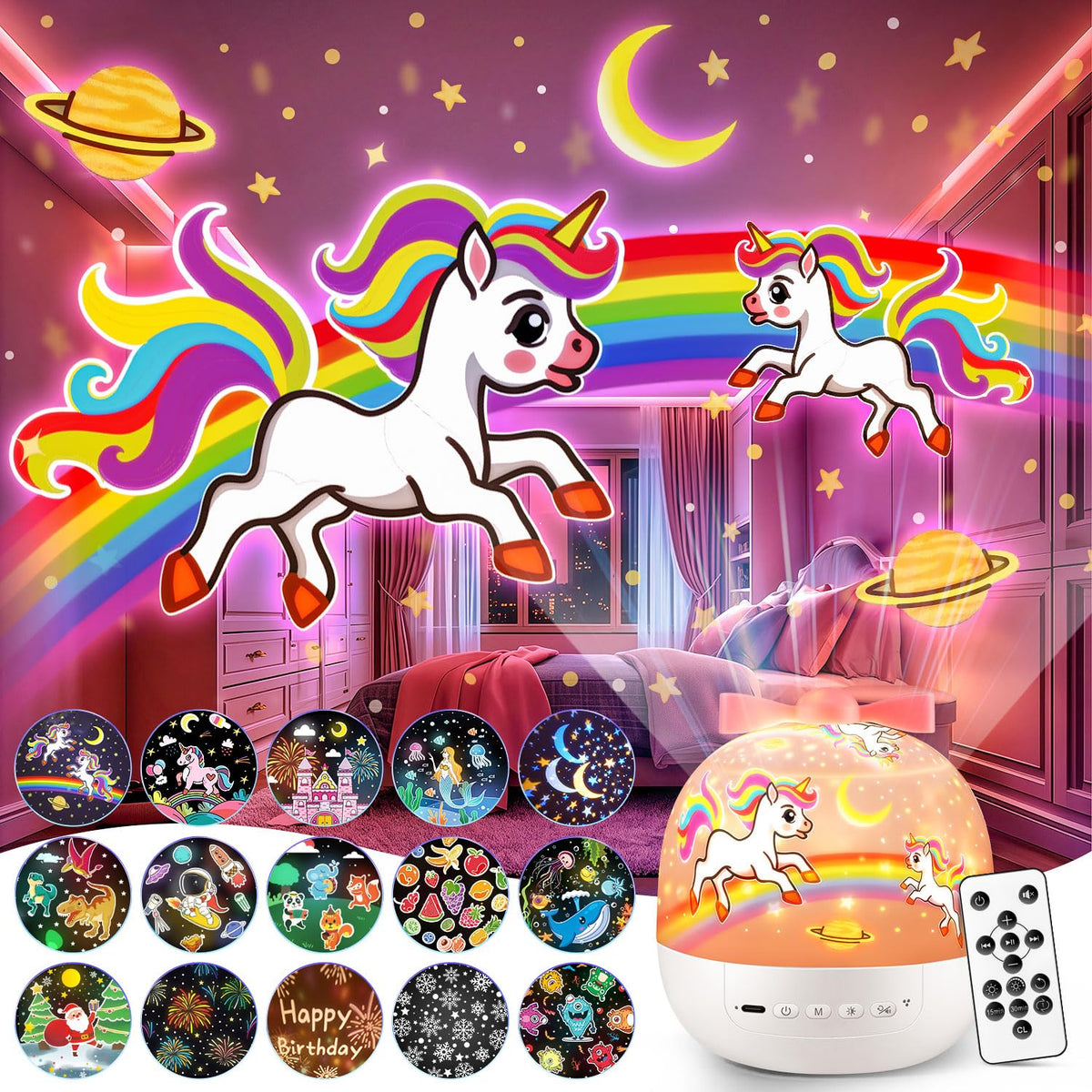 Unicorn Toys for Girls Gifts, 15 Films+15 Lullaby Sound Machine for Kids Night Light Projector, Remote+Rechargeable