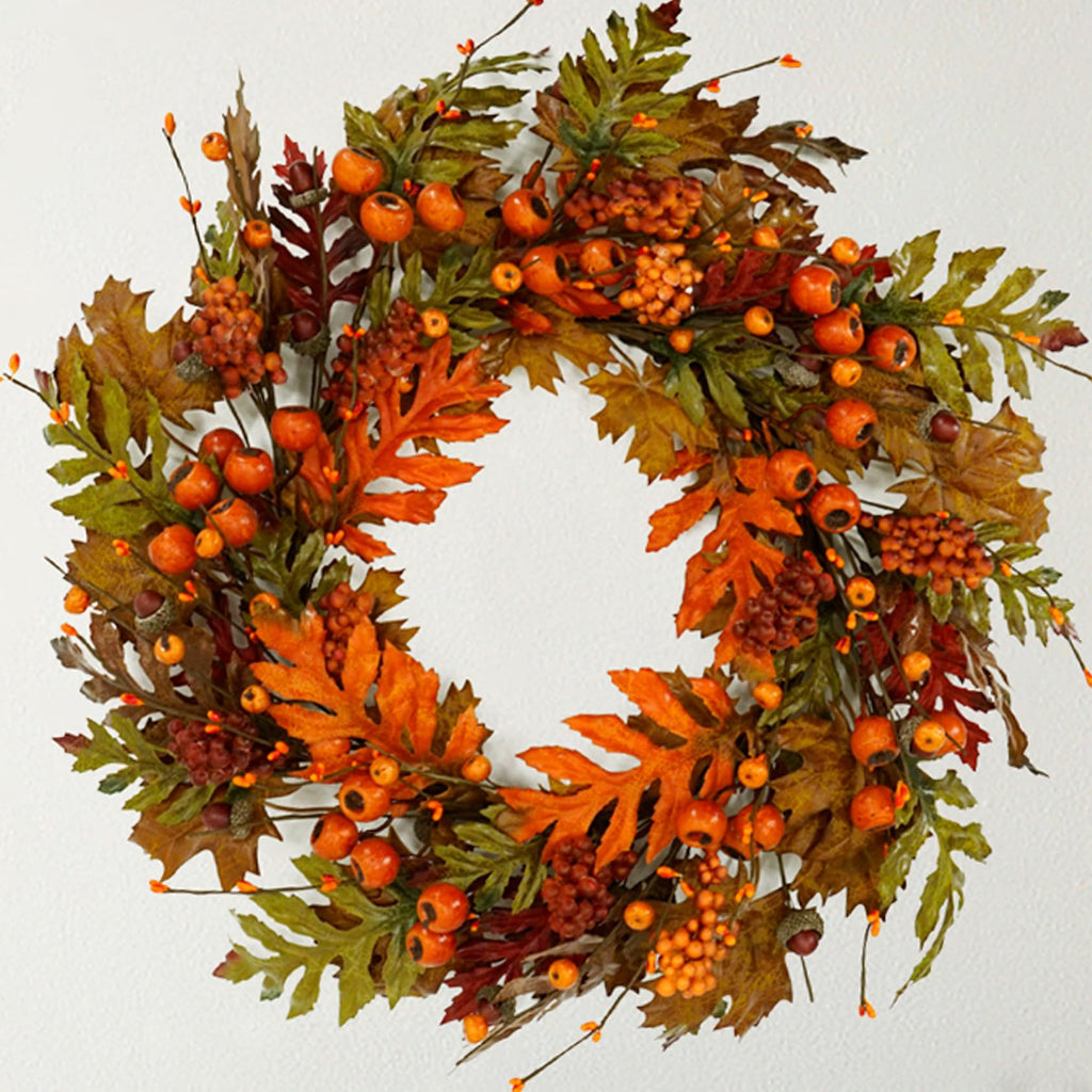 Artificial Fall Wreaths for Front Door Autumn Oak Wreath with Oak Leaves, Acorns, Berries, Pomegranates for Front Door