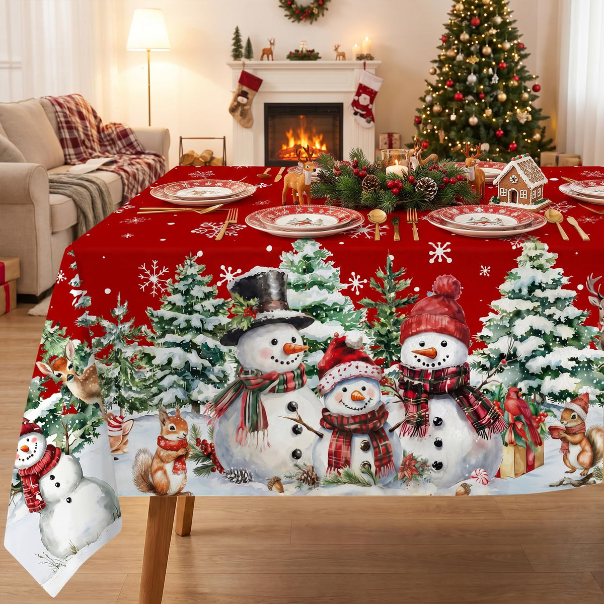 Christmas Tablecloth 60 x 120 Inch Snowman | Winter Trees Seasonal Washable Table Cover for Party Picnic Dinner Decor