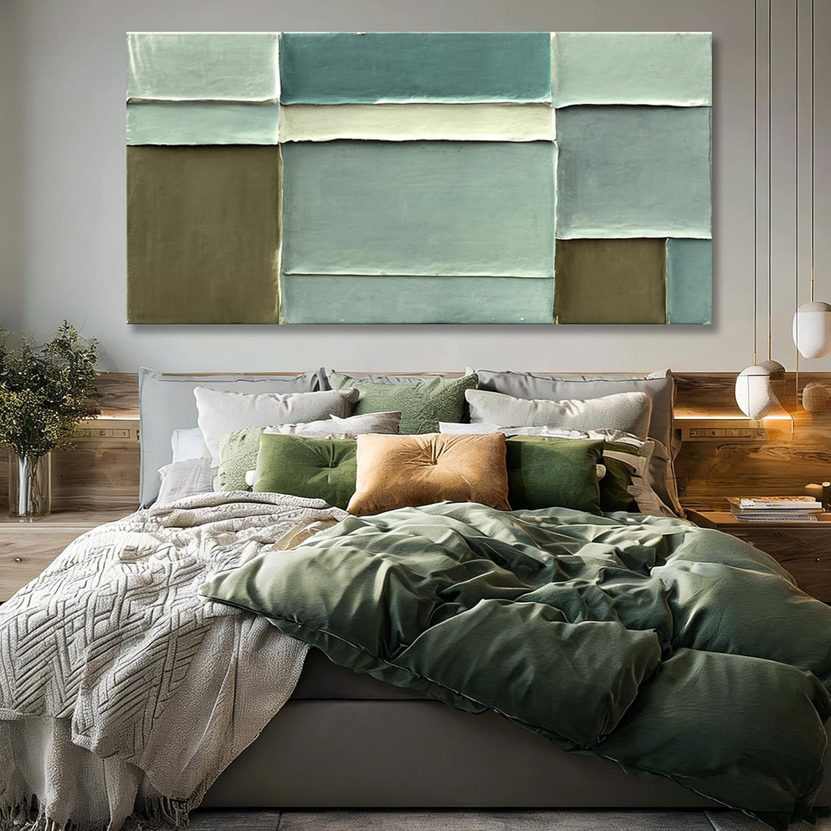 Modern Abstract Green Canvas Wall Art Soft Neutral Color Hand Painting Block Design Minimalist Artwork Bedroom Office