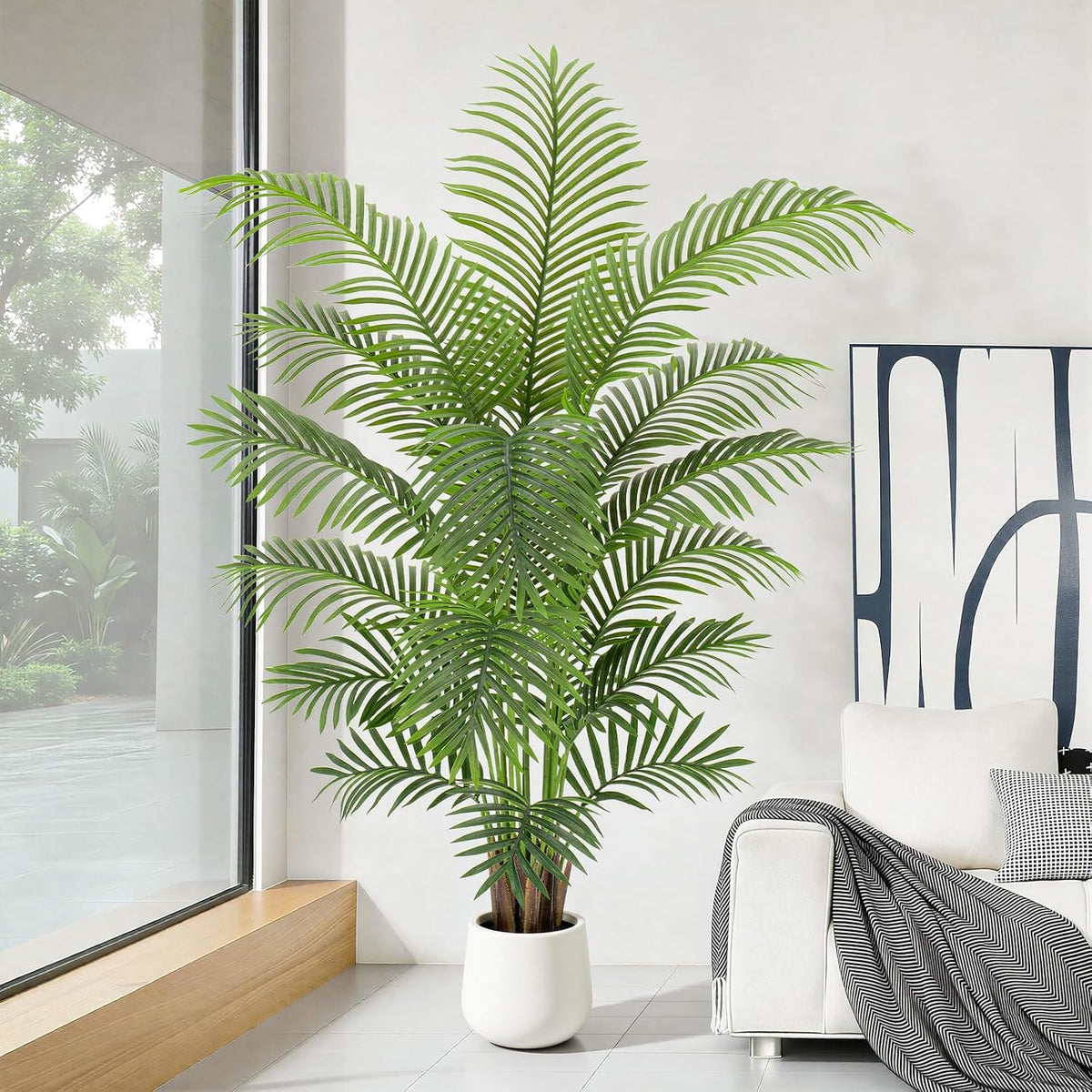 6ft Artificial Palm Tree Tall Faux Palm Tree Indoor Large Fake Plants with 18 Trunks Artificial Plants with White Pot