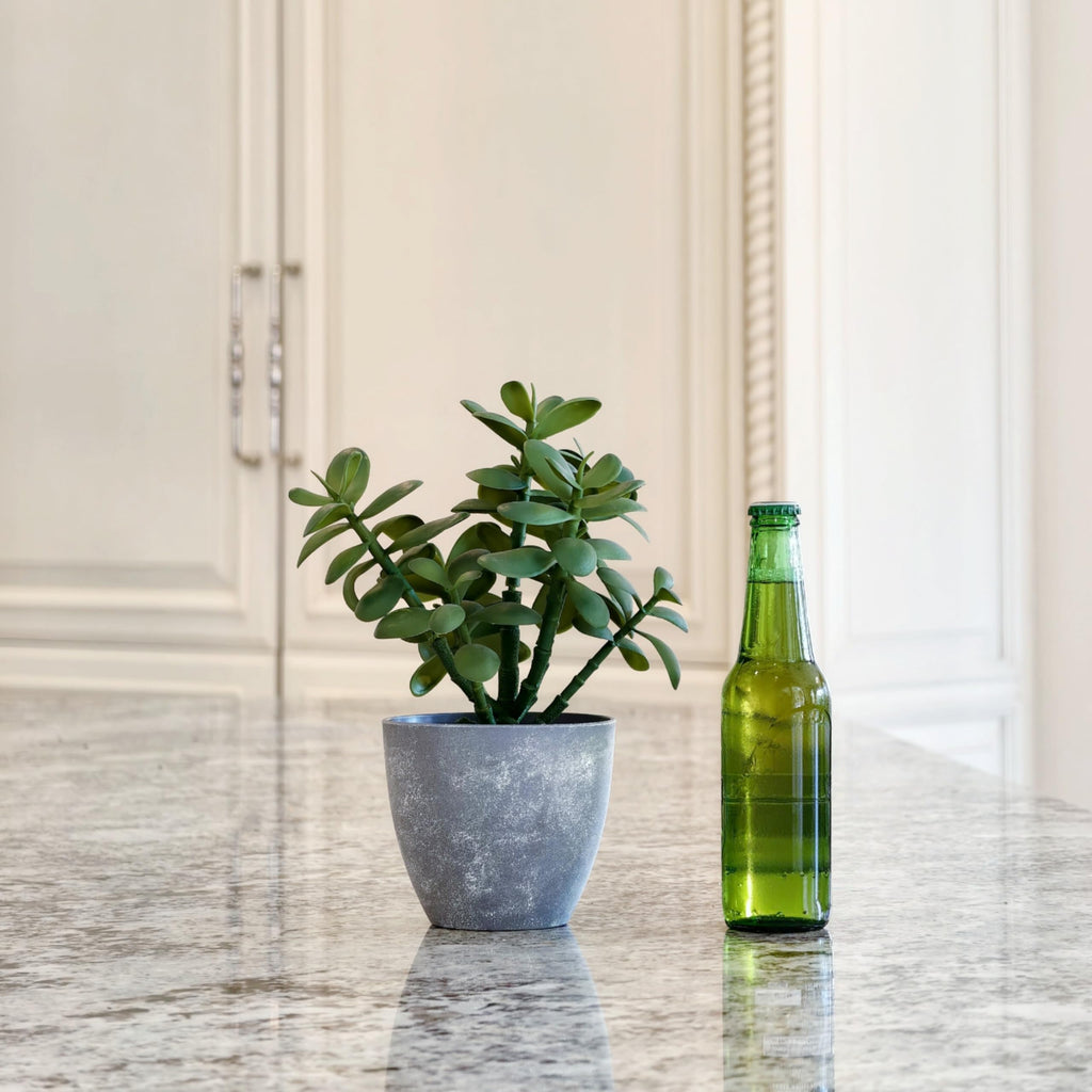 12" Artificial Jade Plant in Minimalist Gray Pot, Luxury Real-Touch Faux Succulent Crassula Ovata with Pebbles