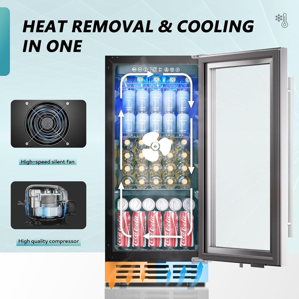 15 Inch Beverage Refrigerator Cooler Under Counter 127 Cans Beverage Fridge Built-in or Freestanding with Glass Door