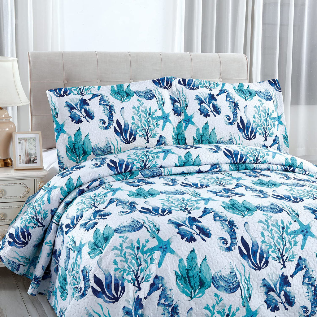 3 Pcs Summer Coastal Quilts Conch Seashell Coverlet Set Lightweight Beach Bedspreads Reversible Ocean