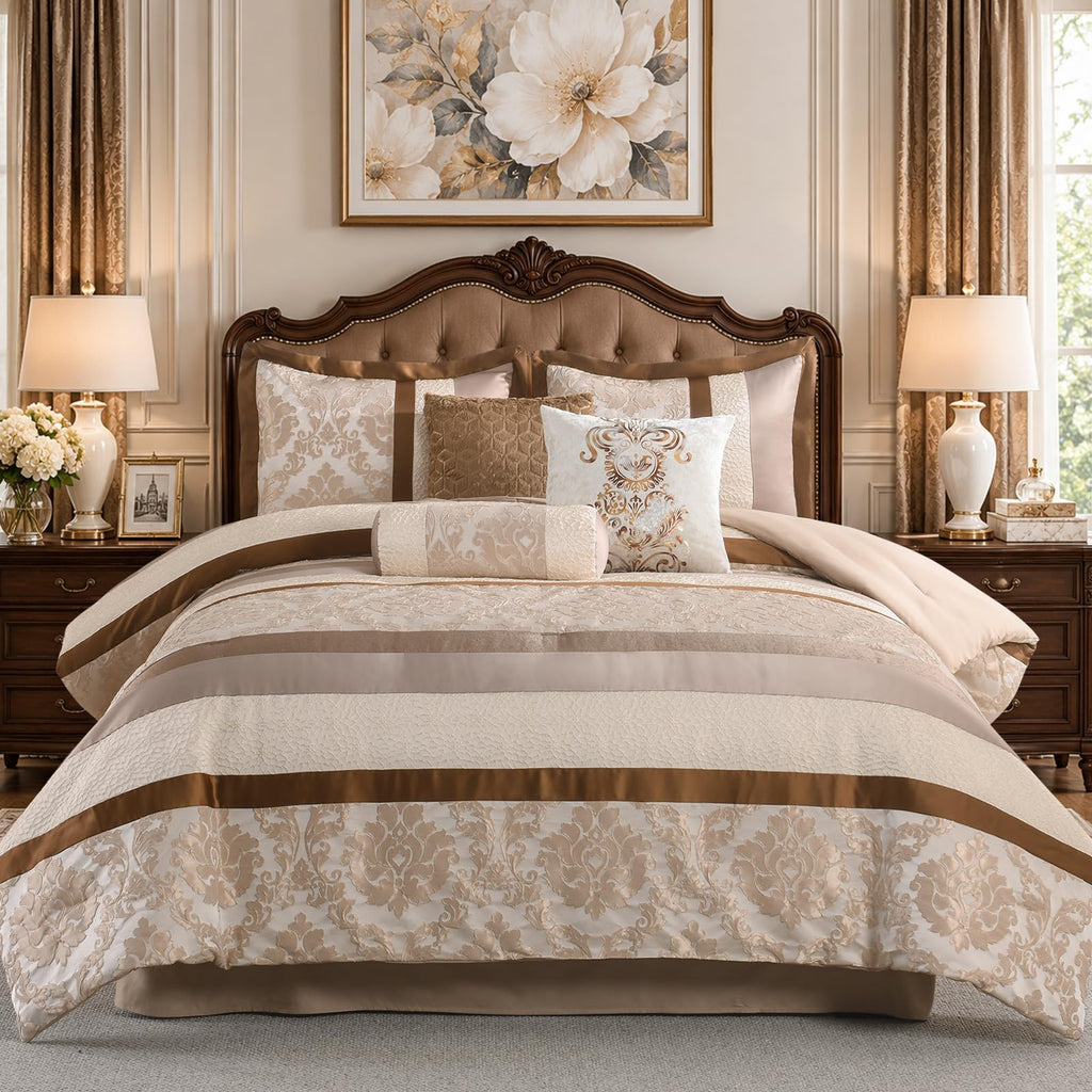 Beige Brown Gold Comforter Set, Luxury Jacquard Bedding 7 Pcs