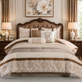 Beige Brown Gold Comforter Set, Luxury Jacquard Bedding 7 Pcs
