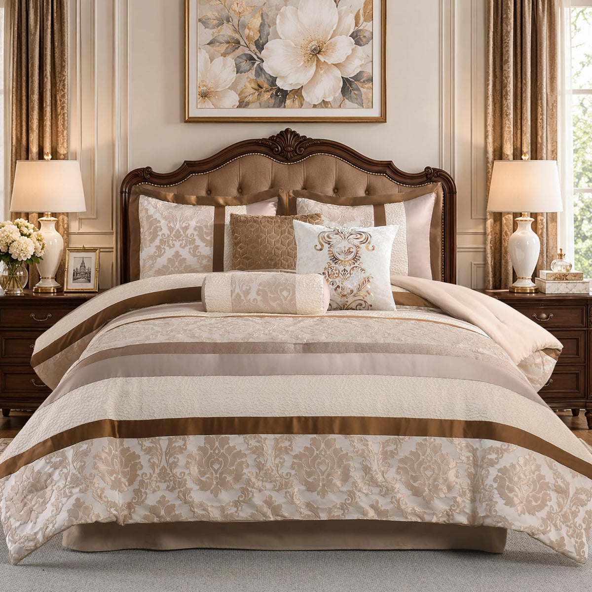 Beige Brown Gold Comforter Set, Luxury Jacquard Bedding 7 Pcs