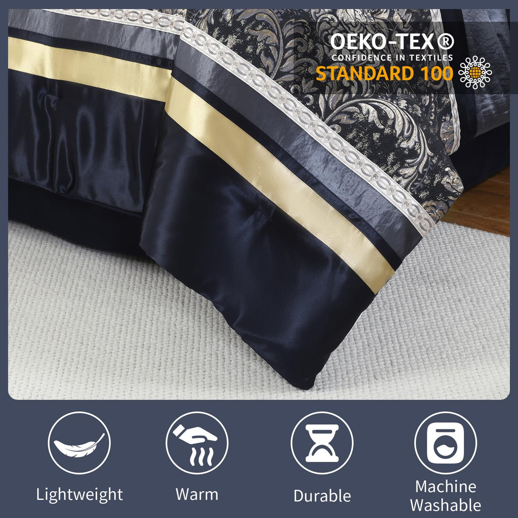 Navy Blue Comforter Set, Luxury 7 Pieces Jacquard Bedding