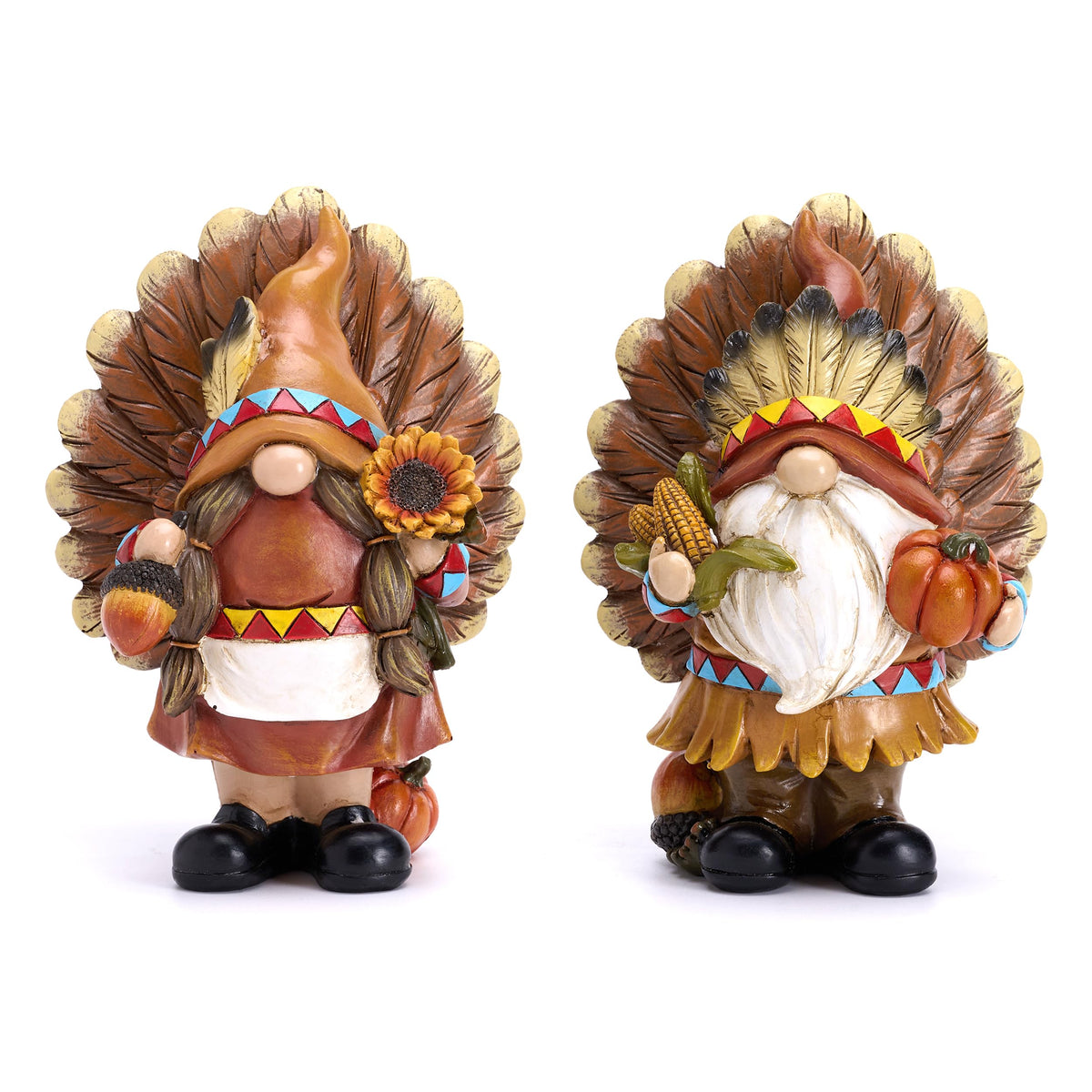 Fall Decorations, 2 Pcs Indian Fall Gnomes Thanksgiving Decor for Table Indoor, Resin Turkey Decorations Native