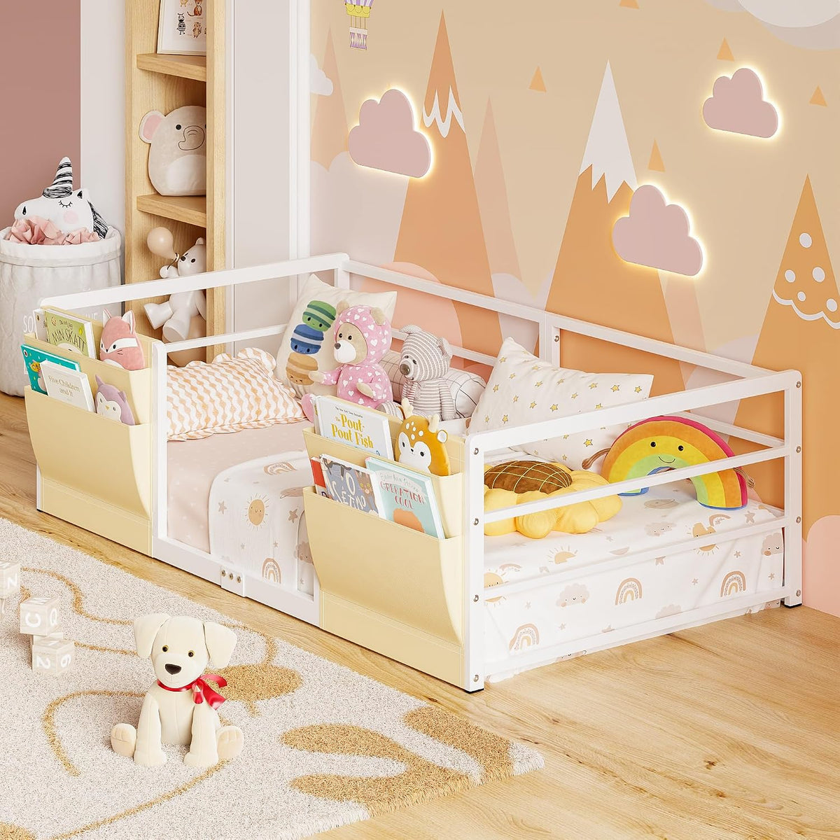Floor Bed for Kids, White | Safety Guardrails, Montessori Bed Frame, Bedside Caddy, Suitable