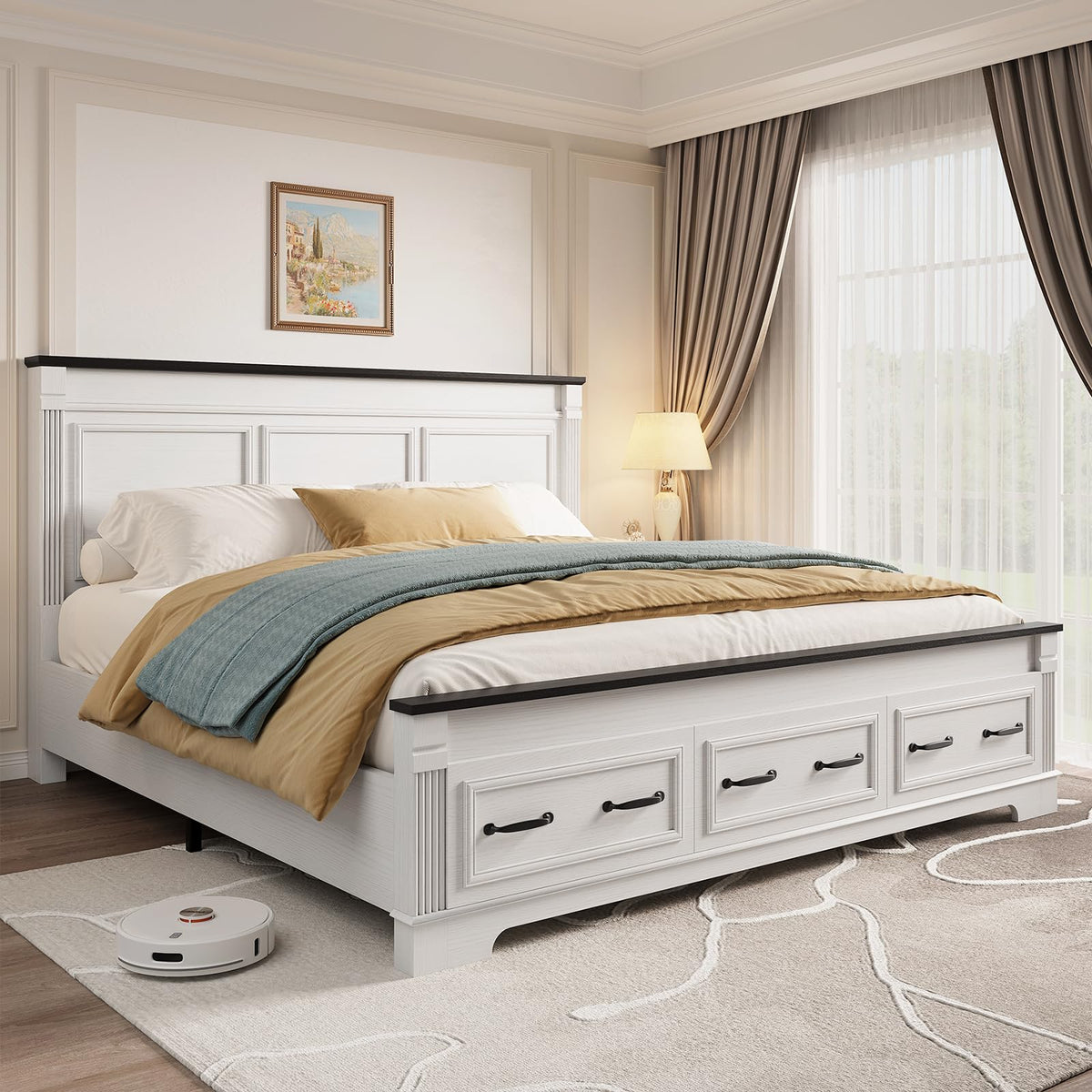 Farmhouse Bed Frame 51" Headboard Storage Drawers Roman Footboard