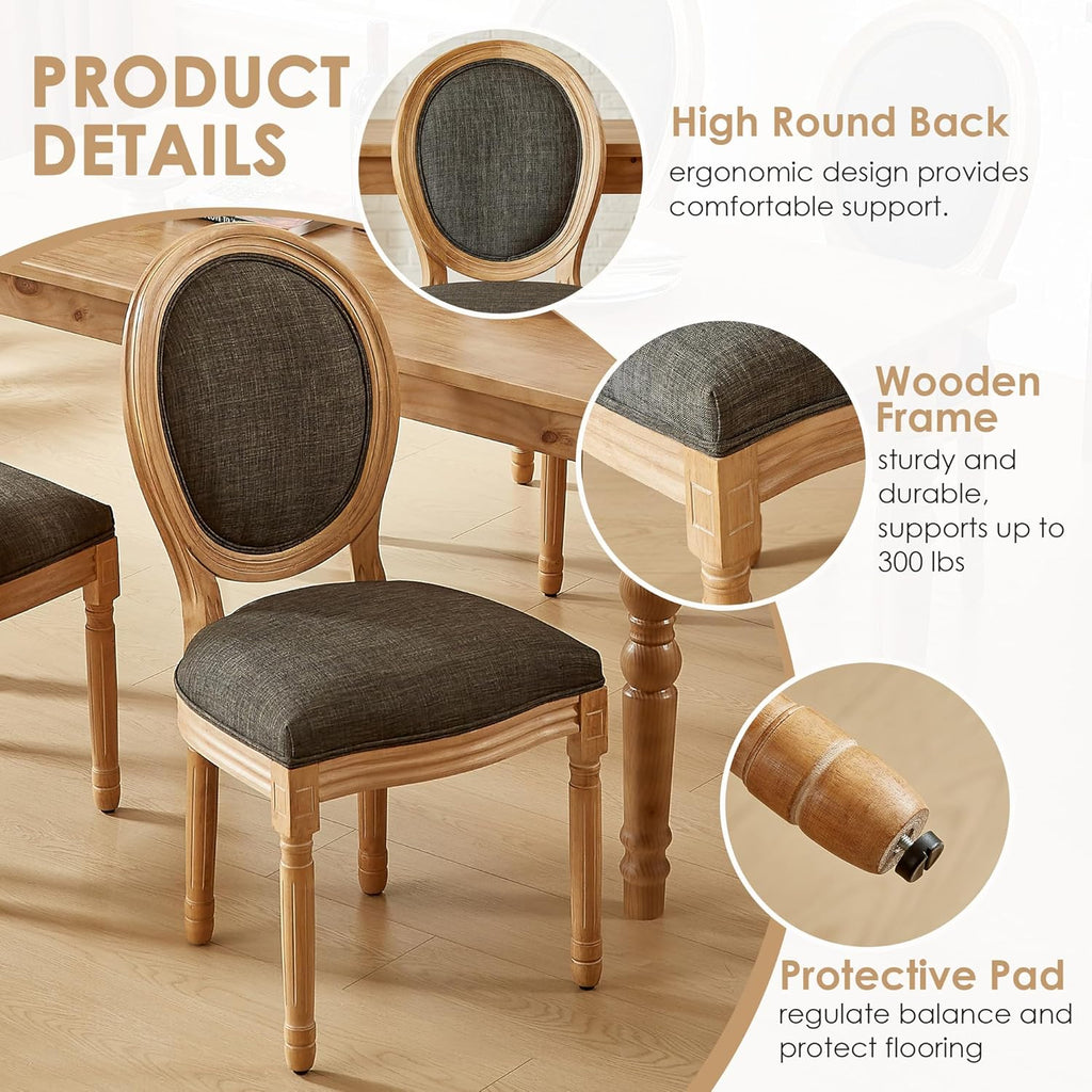 French Dining Chairs Set of 4, Upholstered Dining Room Chairs with Round Backrest, Mid-Century Farmhouse Style, Black