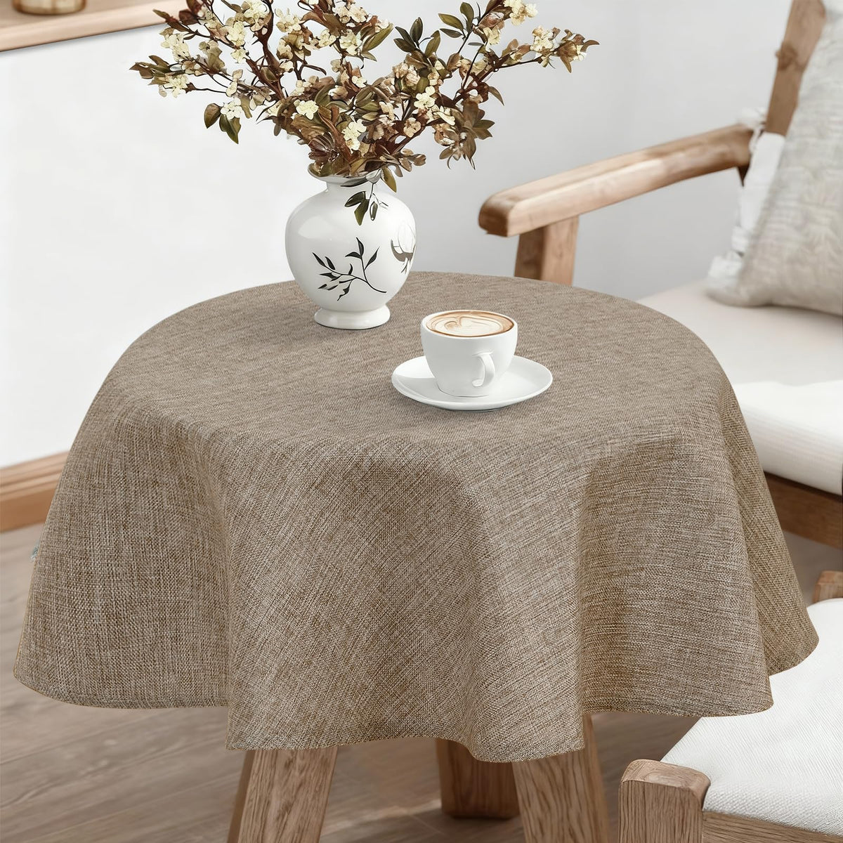 Round Textured Table Cloth Linen Wrinkle Free Stain Resistant Farmhouse Decorative Circular Tablecloth, Dining