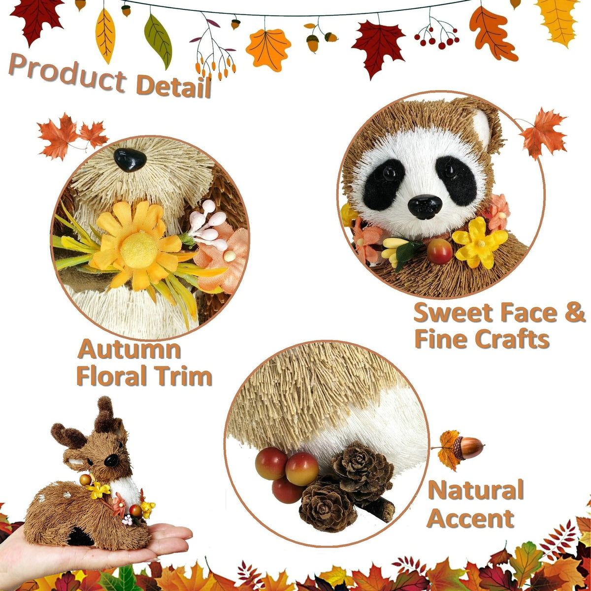 Set of 6 Sisal Woodland Animals w/Floral for Fall Home Decor