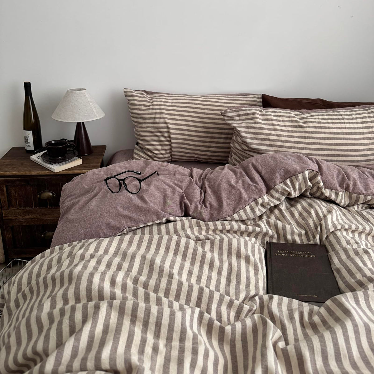 Coffee Striped King Duvet Cover Set Jacquard Linen Cotton Bedding