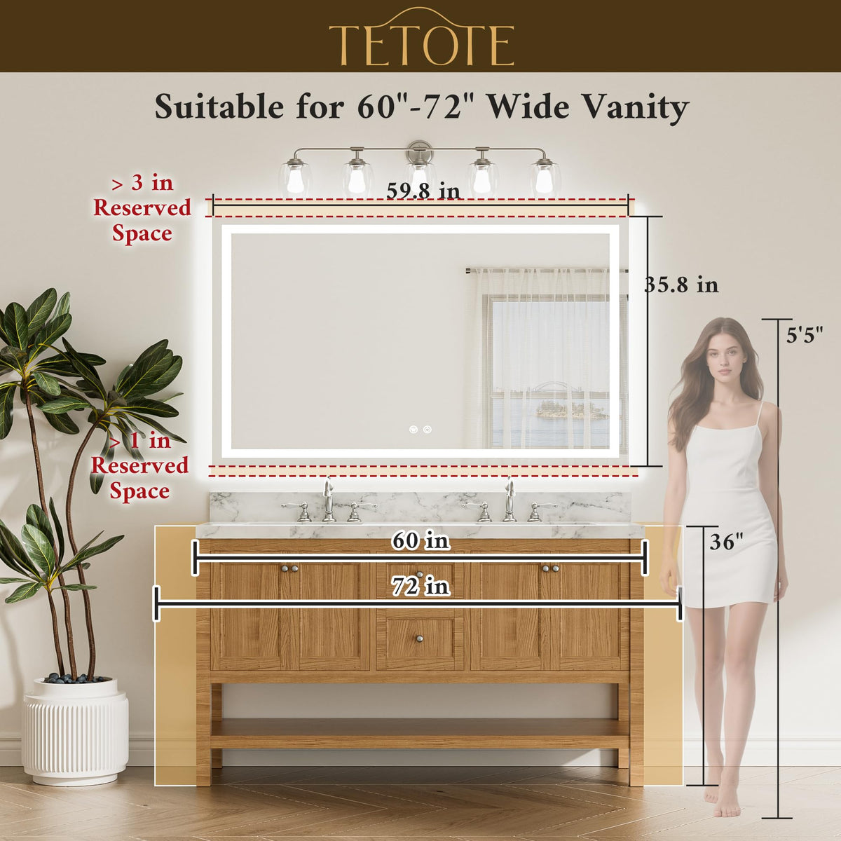 60 x 36 LED Lighted Bathroom Mirror with Lights Wall Mounted