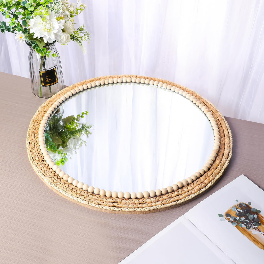 21 Inch Boho Round Hanging Wall Mirror Decorative Rattan Circle Wall Mounted Mirror for Farmhouse, Living Room