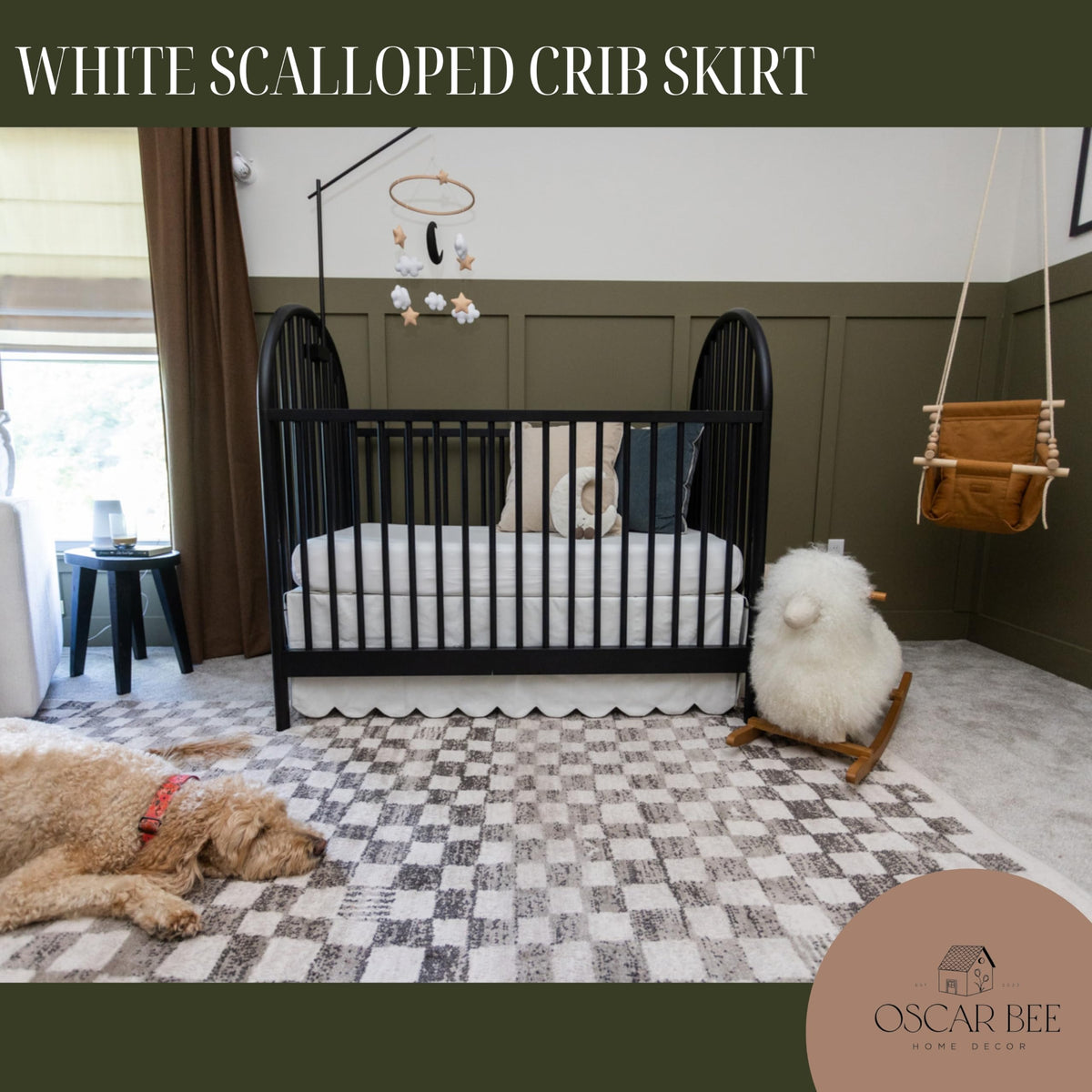 White Crib Bed Skirt, Front+Two-Sided Scalloped Skirt, 16in Drop