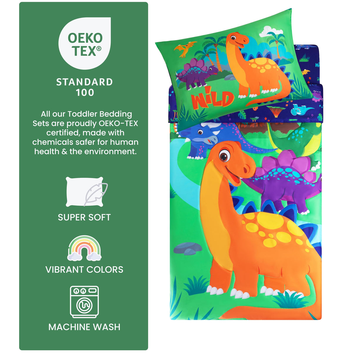 4-Piece Dinosaurs Toddler Bedding Set - Soft & Breathable Brushed Microfiber Toddler Bedding Sets for Boys, Machine