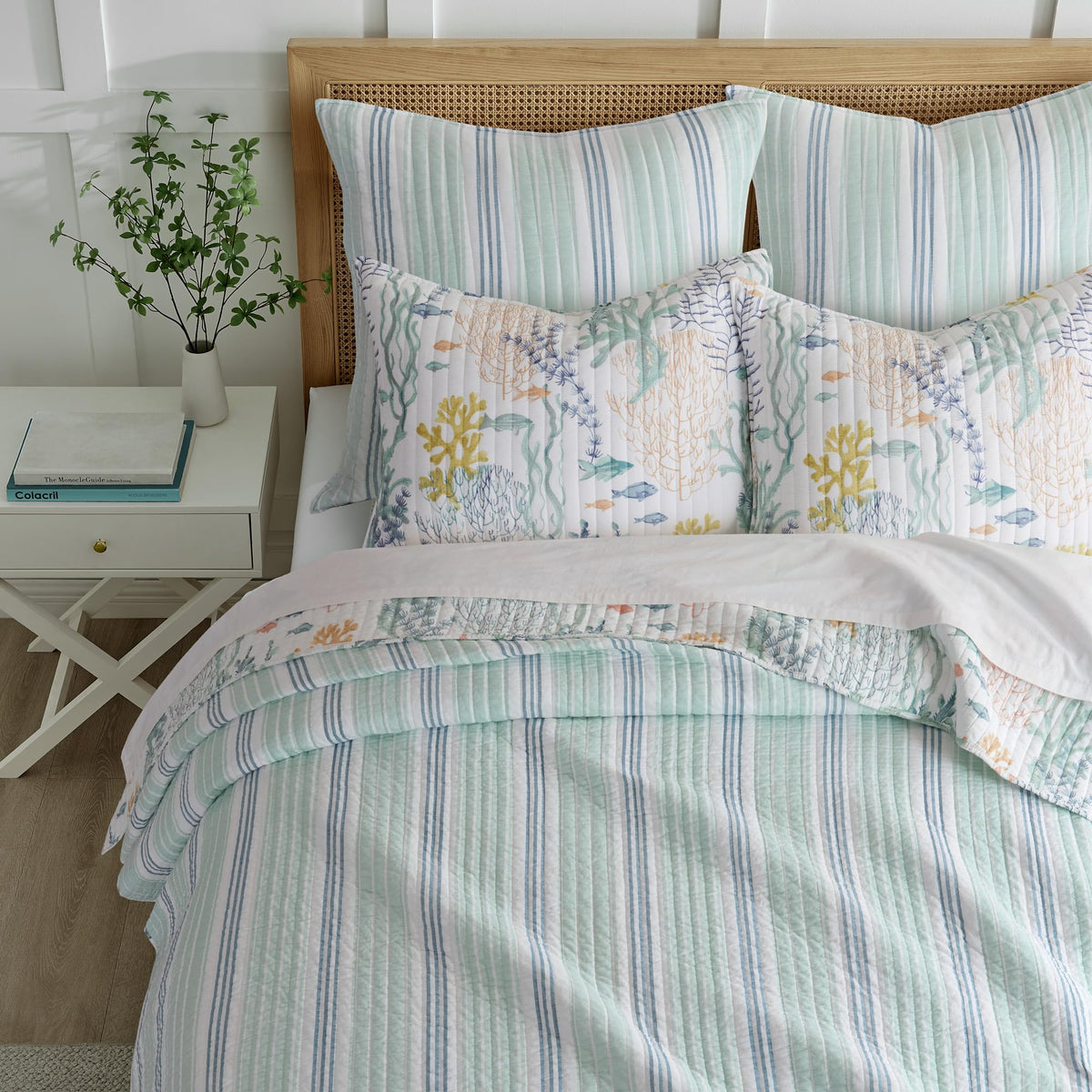 Ocean Meadow Quilt Set - Quilt and One Standard Sham - Coastal - Teal, Blue, Coral, White and Ochre - Quilt