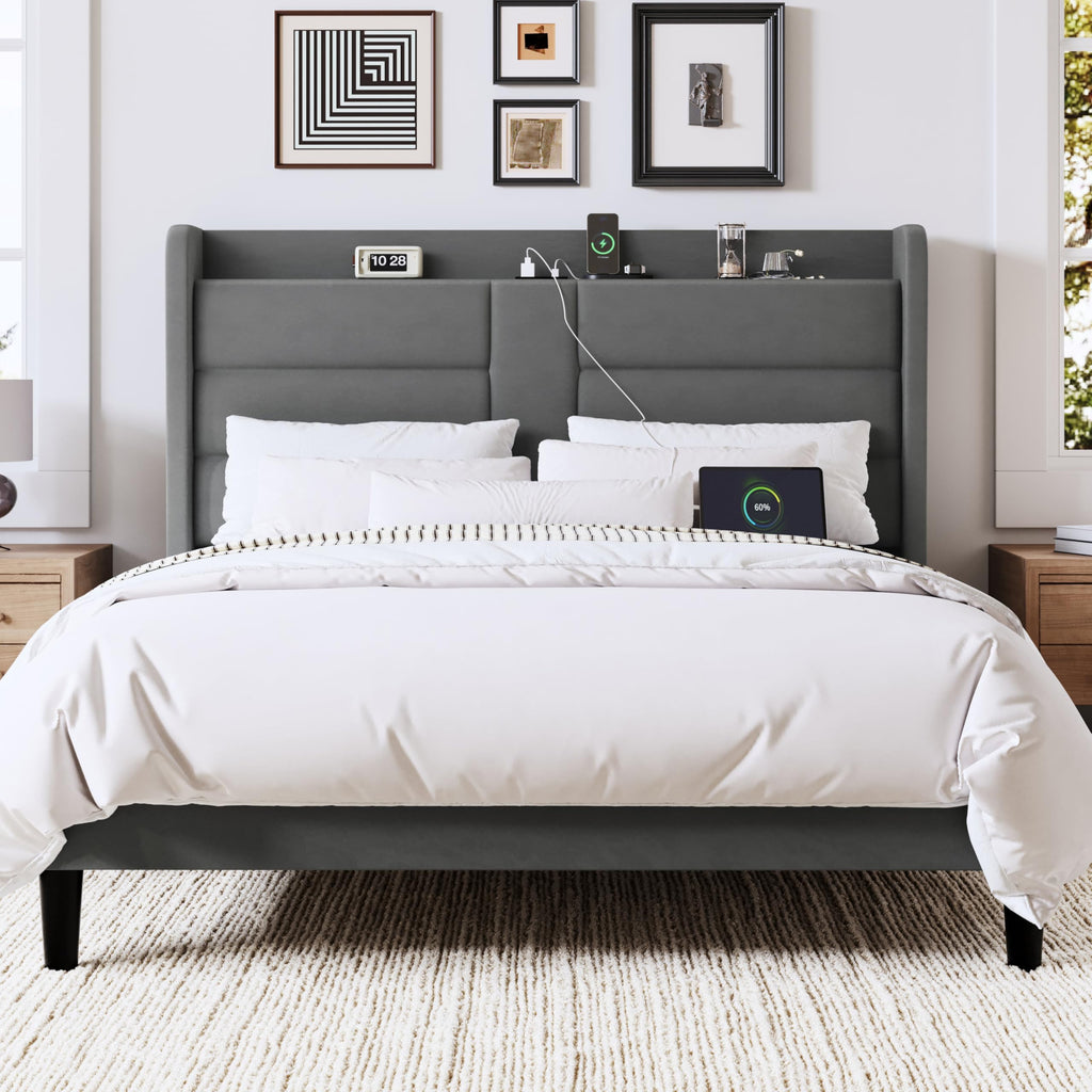 Queen Size Platform Bed Frame with Charging Station & Storage Headboard, Upholstered Velvet Wingback Design & USB