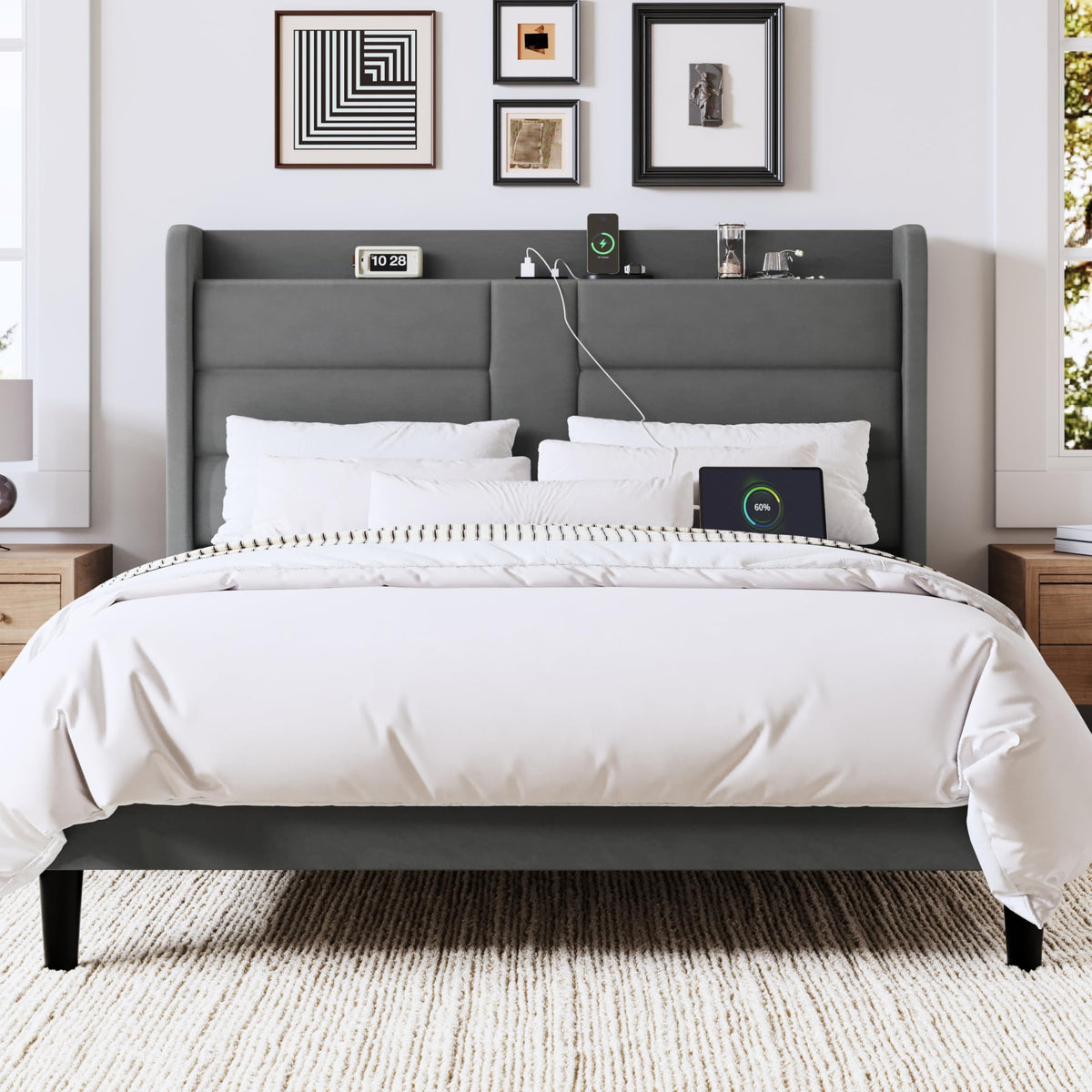 Queen Size Platform Bed Frame with Charging Station & Storage Headboard, Upholstered Velvet Wingback Design & USB