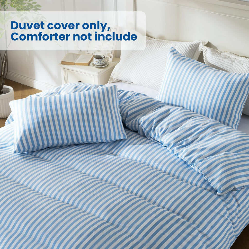 Duvet Cover Set, Blue Striped Comforter Cover with Button Closure, Breathable and Cooling, Includes 1 Duvet
