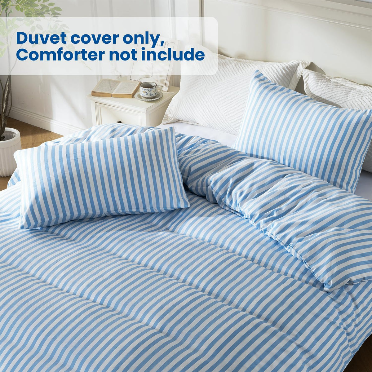 Duvet Cover Set, Blue Striped Comforter Cover with Button Closure, Breathable and Cooling, Includes 1 Duvet