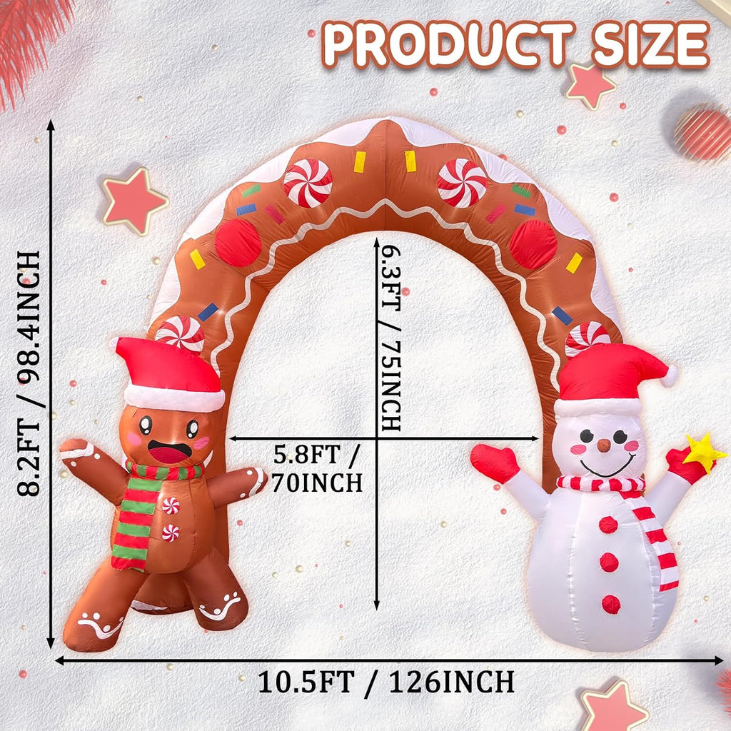 10.5FT Christmas Inflatable Archway, Blow Up Arch with Waving Cute Gingerbread Man with Santa Hat & Scarf and Lovely