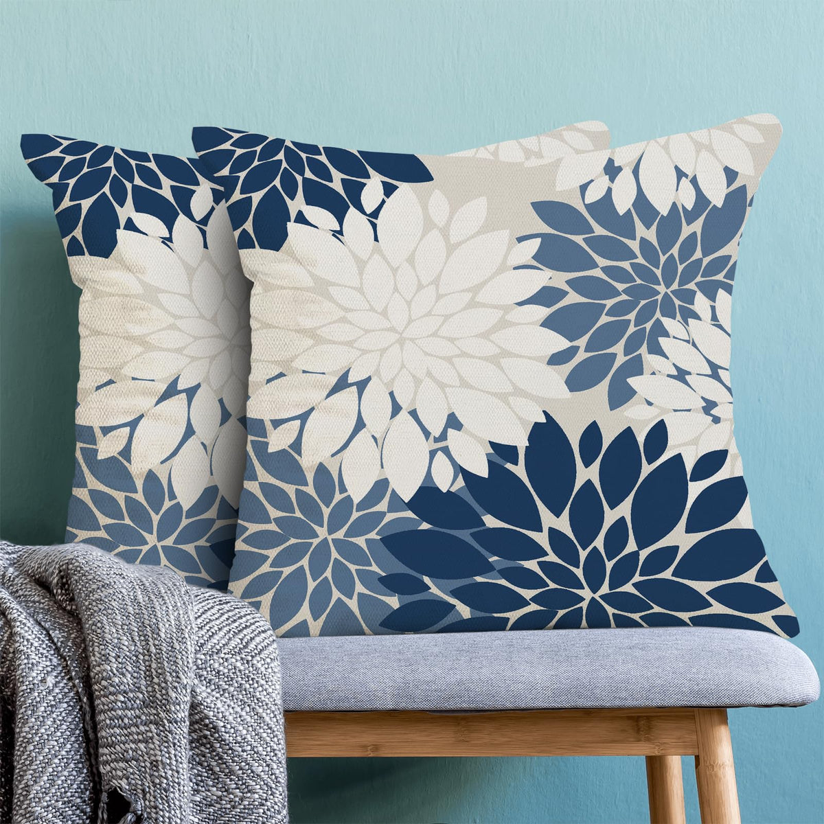 Navy Blue White Summer Outdoor Pillow Covers 24x24 Inch Set of 2 Dusty Blue Dahlia Floral Decor Throw Pillows Modern