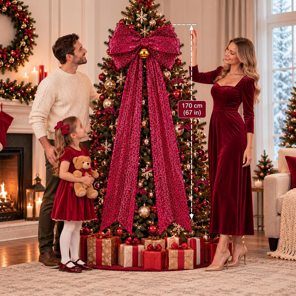 Extra Large Burgundy Velvet Bow Christmas Tree Topper with LED 1.97ft