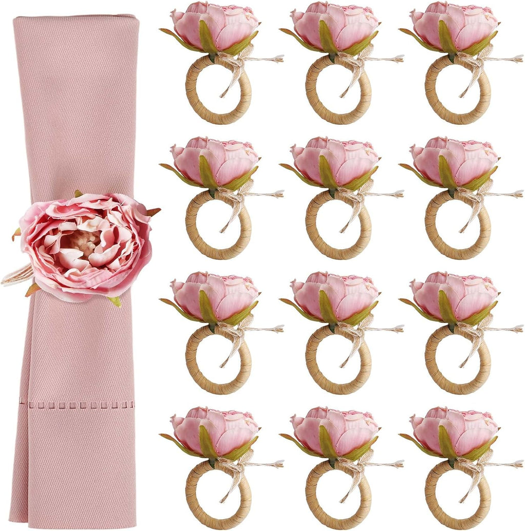 Handcraft Flower Napkin Rings, Pink Peony Napkin Holder - Set of 12