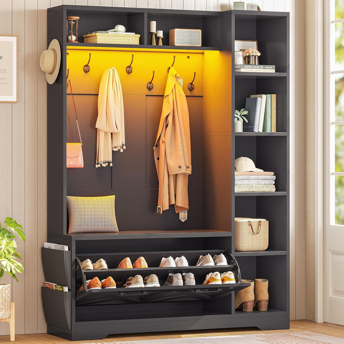 Hall Tree with Bench and Shoe Storage, Farmhouse Entryway Bench with Coat Rack, Shoe Cabinet with Flip Drawers, 7