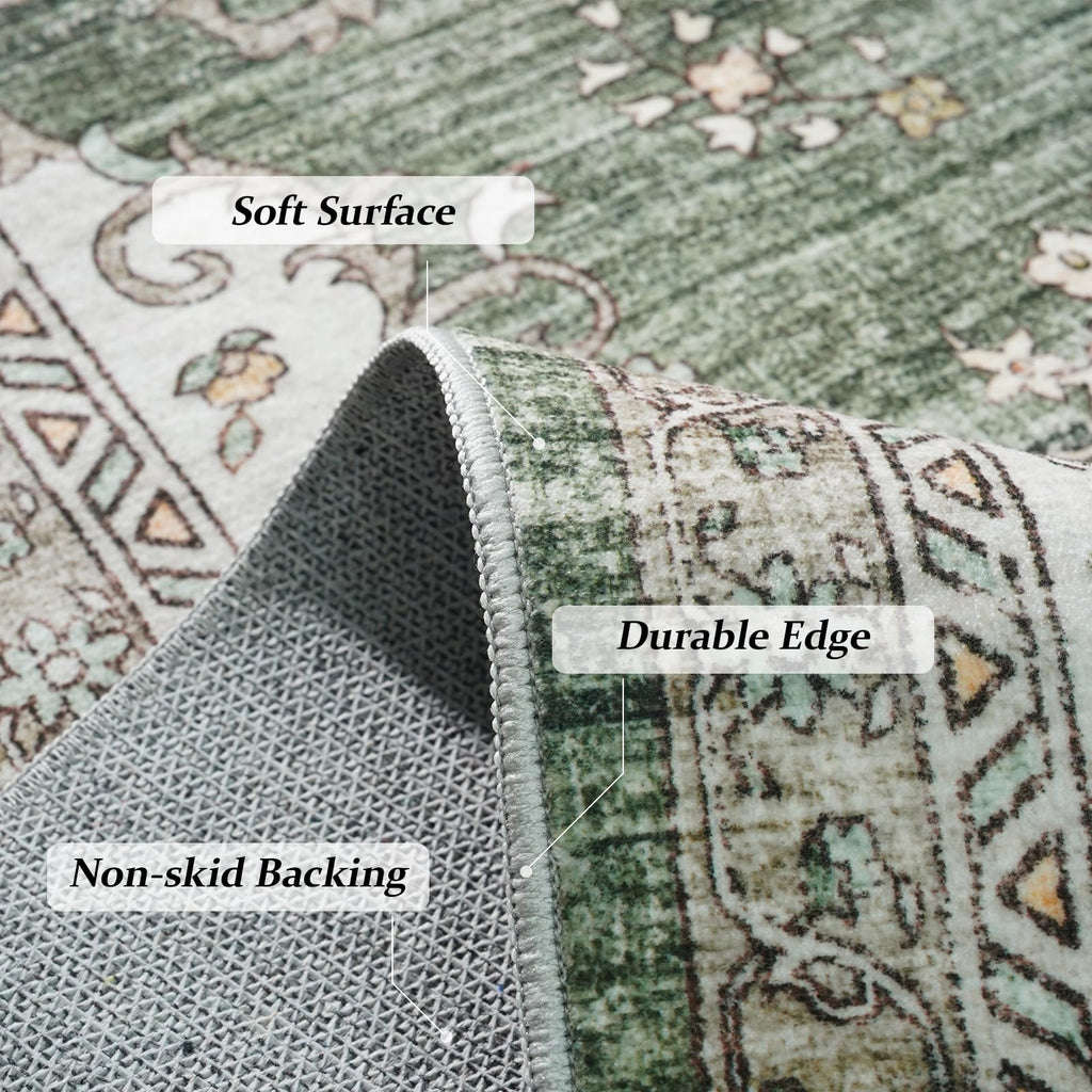 3x20 Runner Rug Washable Vintage: Non Slip Long Hallway Runners Green/Beige