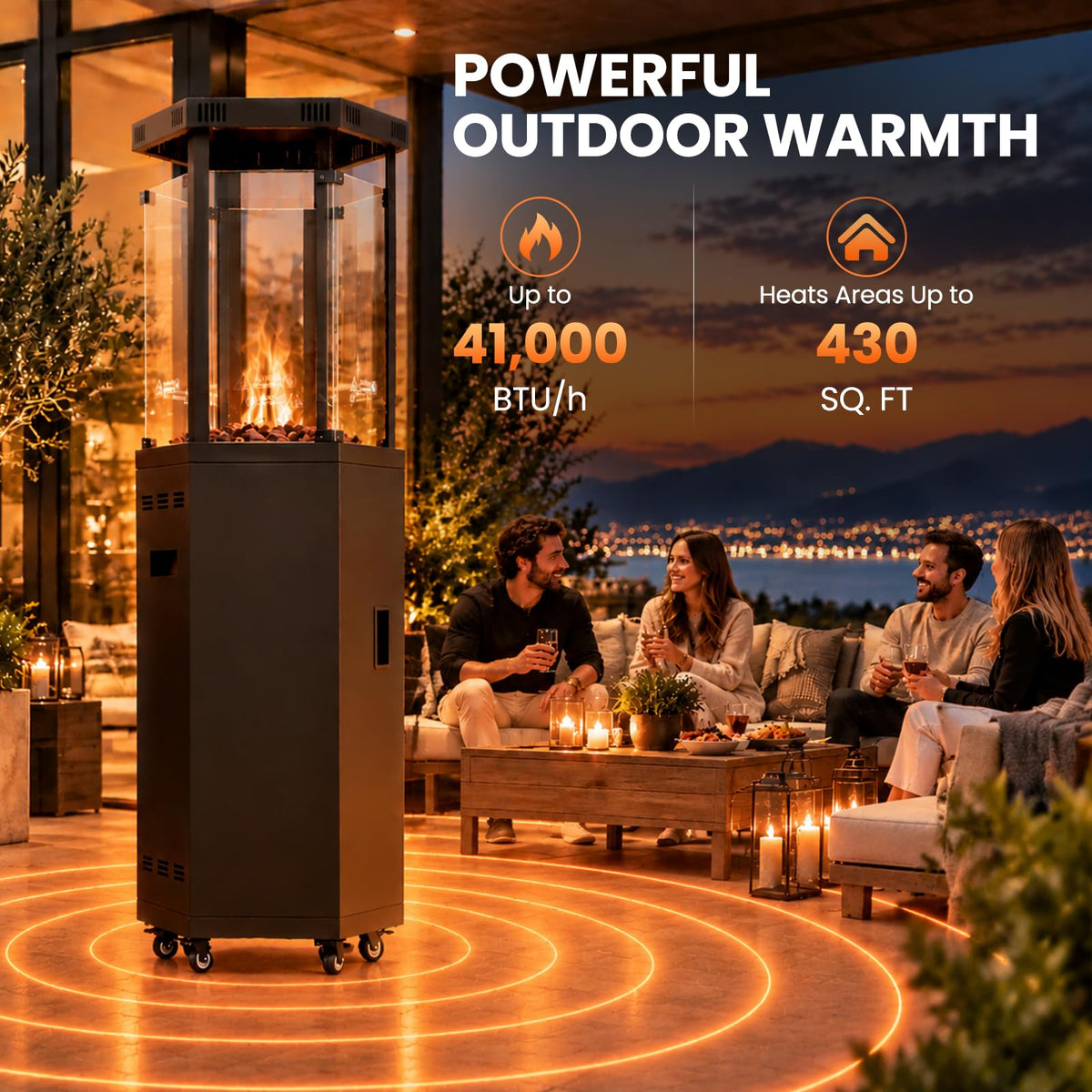 Outdoor Patio Heater, 41, 000 BTU Propane Glass Flame Tower with Wheels