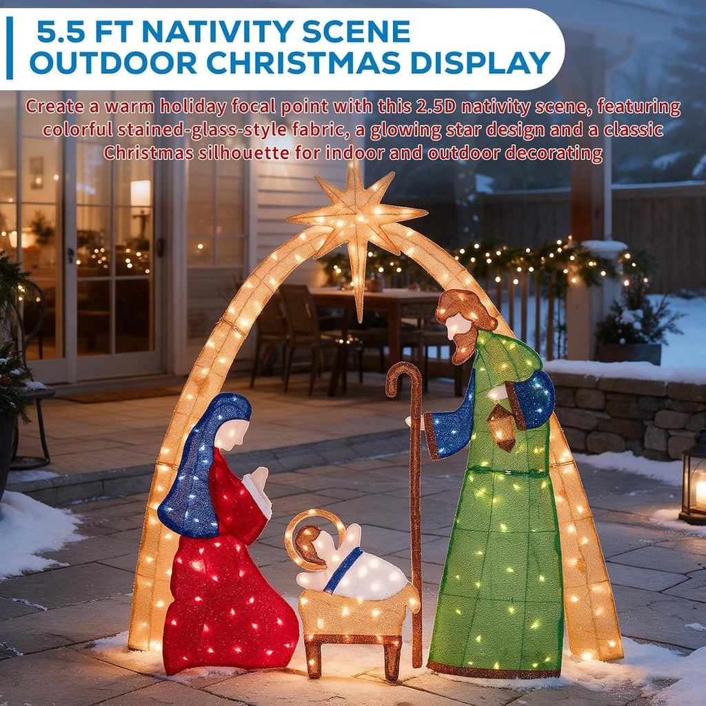 5.5 FT Lighted Nativity Scene, 2.5D Outdoor Nativity Set Christmas Yard Decoration with 210 Warm White LEDs