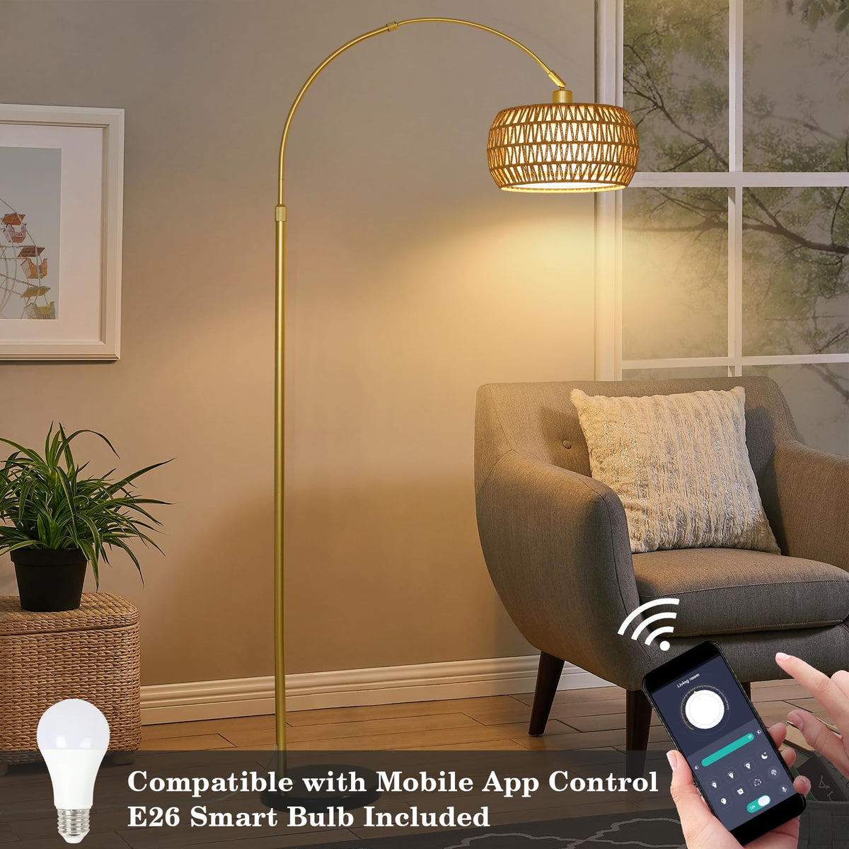 Gold Floor Lamps, Arc Floor Lamp with Remote & Dimmable Bulb, Boho Rattan Standing lamp with 3 Color Temperatures