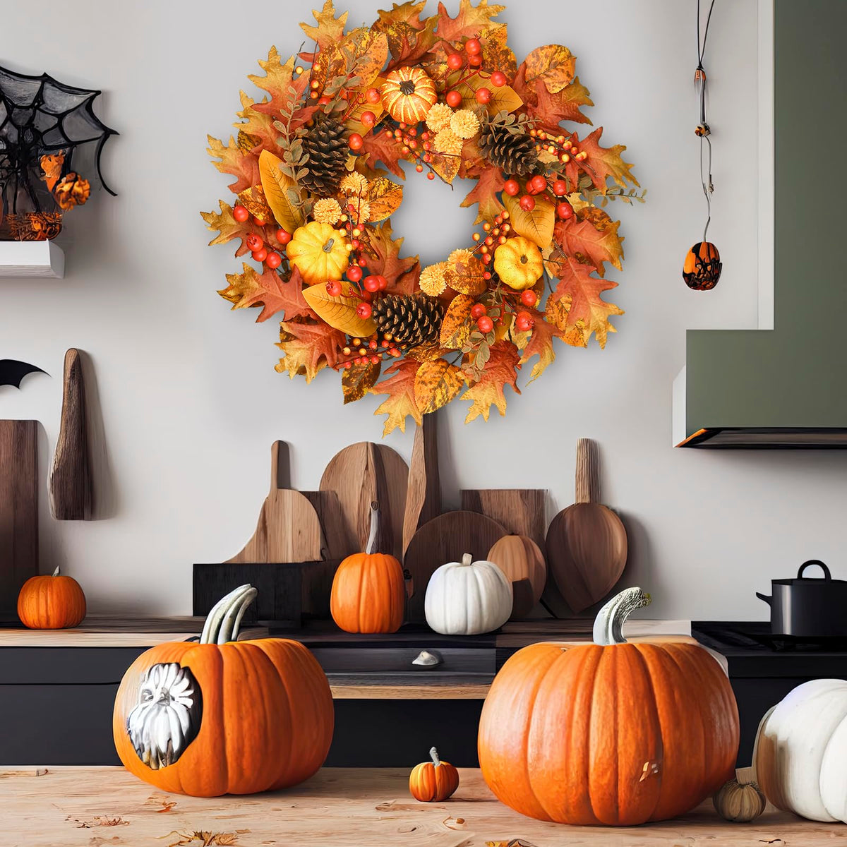 24 Inch Fall Wreath for Front Door, Pumpkin Berry Maple Leaf Autumn Decor
