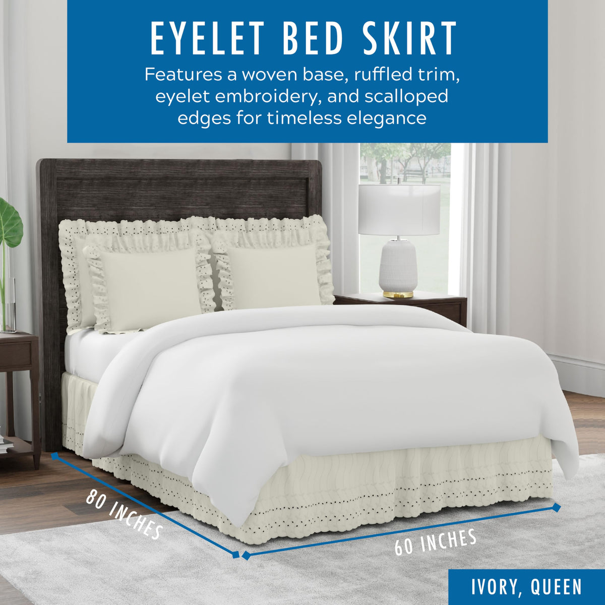 Eyelet Bed Skirt, Ruffled Design, 14 Inch Drop, Embroidered Scalloped Edge, Ivory