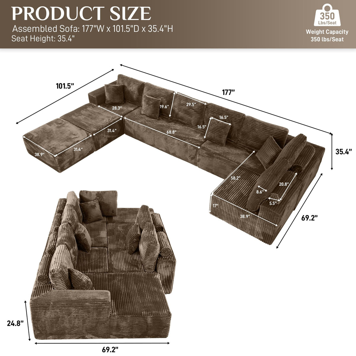 177" U-Shaped Boneless Cloud Modular Sectional Sofa, Brown