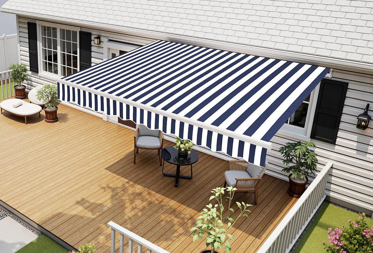 11.5x9.5 Feet Manual Retractable Patio Door Window Awning Sunshade Shelter Outdoor Canopy,1210 (Ocean Blue with White