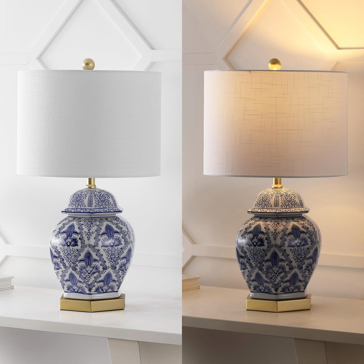25" Blue/White Classic Traditional Ginger Jar Ceramic LED Table Lamp, Chinoiserie Table Lamp Bedroom, Gold Base