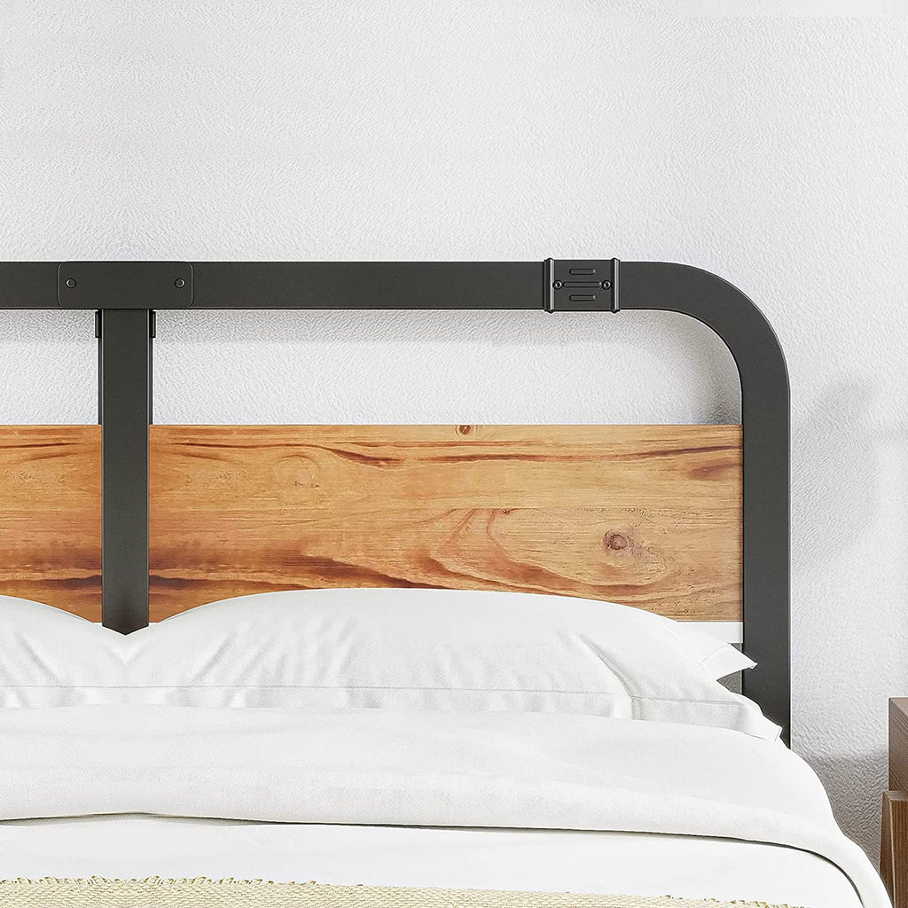 Full Size Metal Bed Frame with Solid Wooden Headboard, Country Style Bed Platform, 14 Inch High Heavy Duty Steel